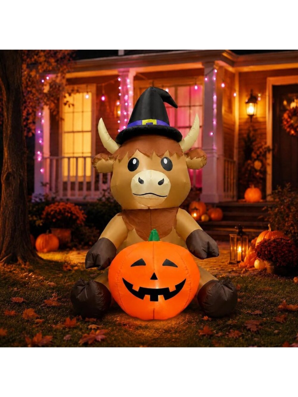 5FT Inflatable Halloween Witch Hat & Highland Cow Outdoor Decor - Spooky Fun!